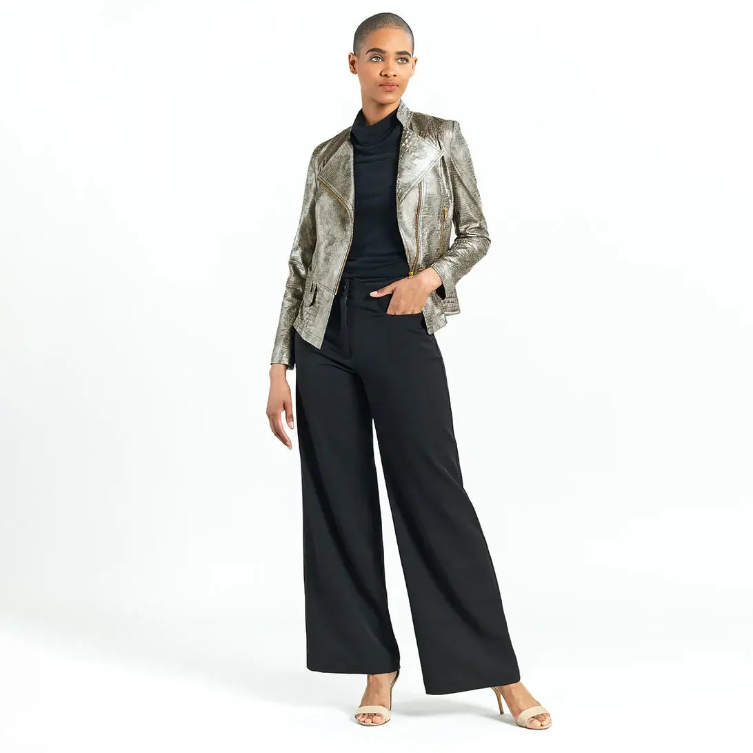 JK75P - Liquid Leather ™ Textured Biker Jacket - Croc Print: OLIVE / S