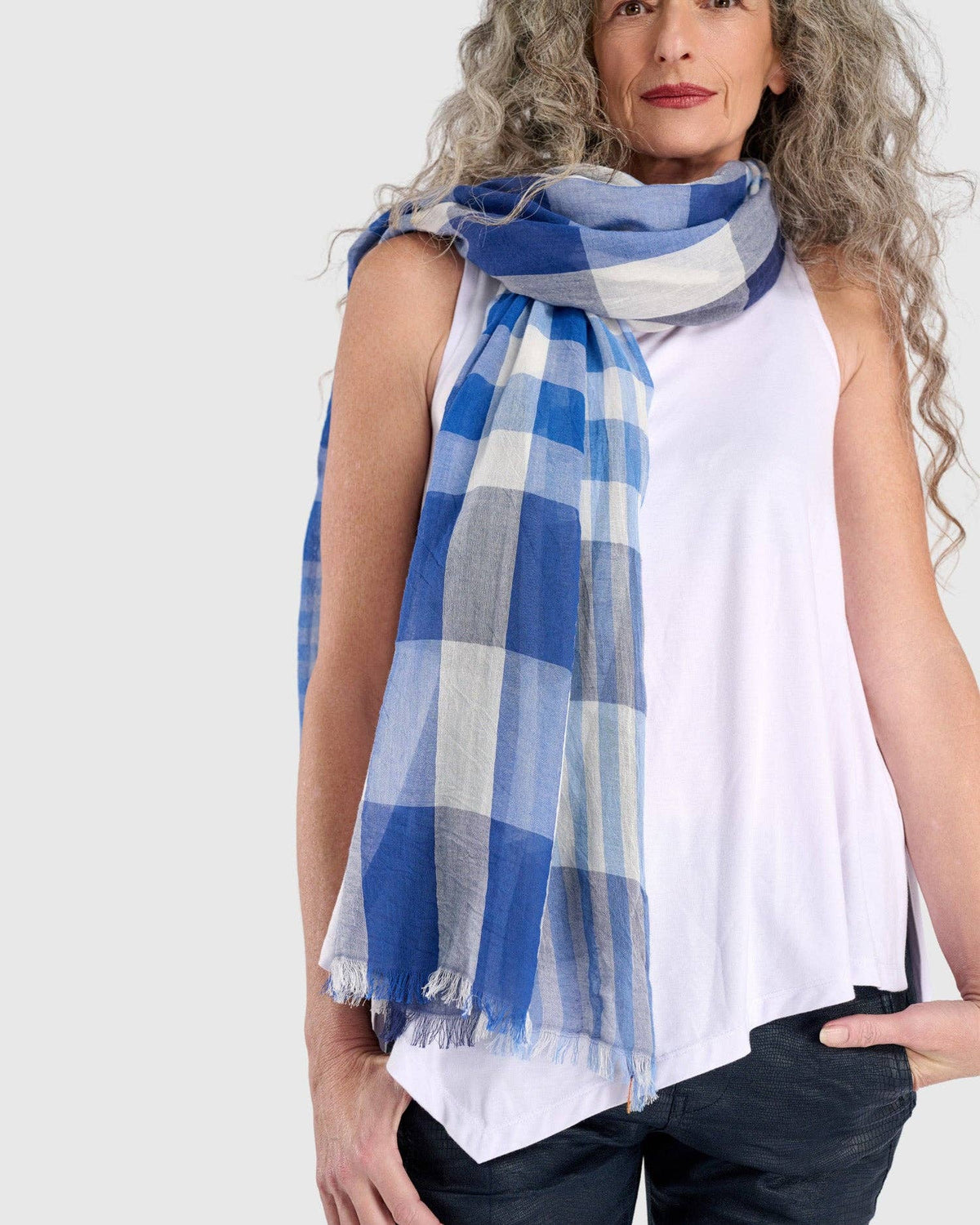 Spirulina Plaid Scarf, Blue: NAVY / ONE SIZE