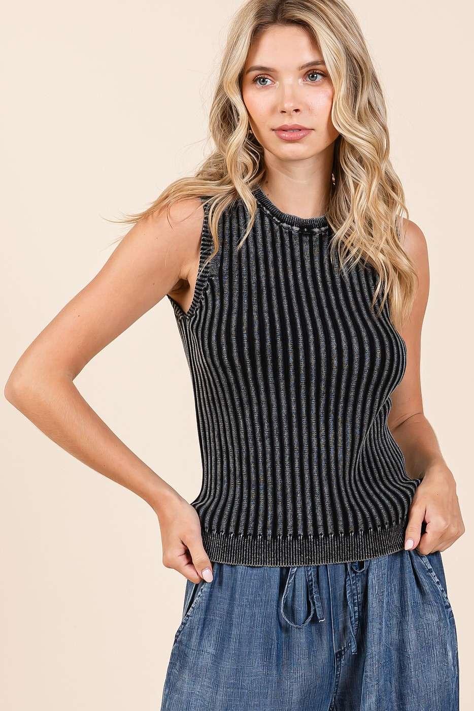 Mineral Wash Sleeveless Rib Knit Sweater Tank Top S20770