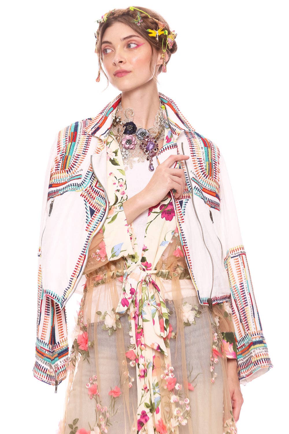 Floral Fantasy Kimono | Pink Floral Kimono | Mesh Kimono: Pink Floral Embroidery / L