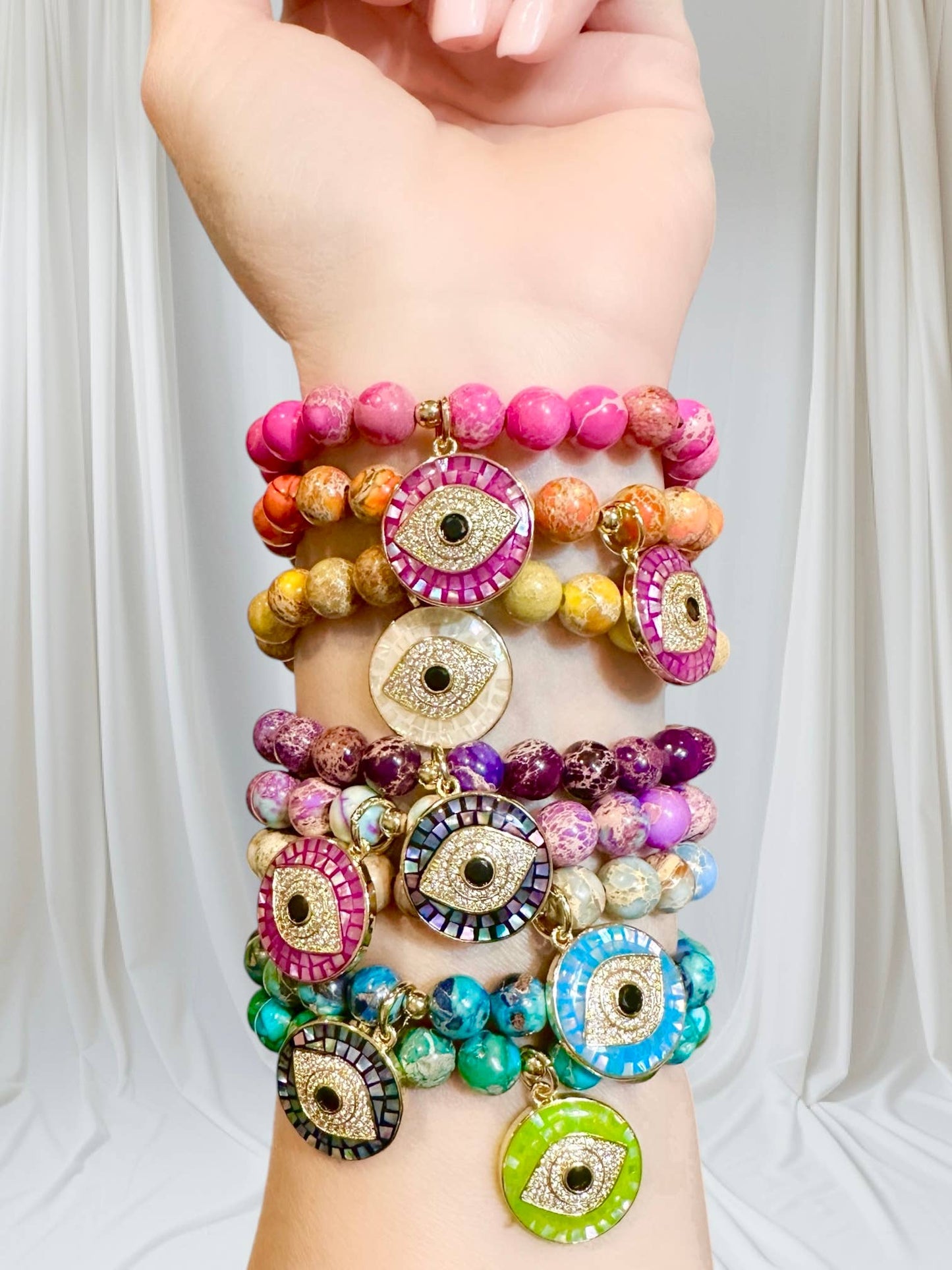 Lena Sea Sediment Jasper Evil Eye Bracelet: Green