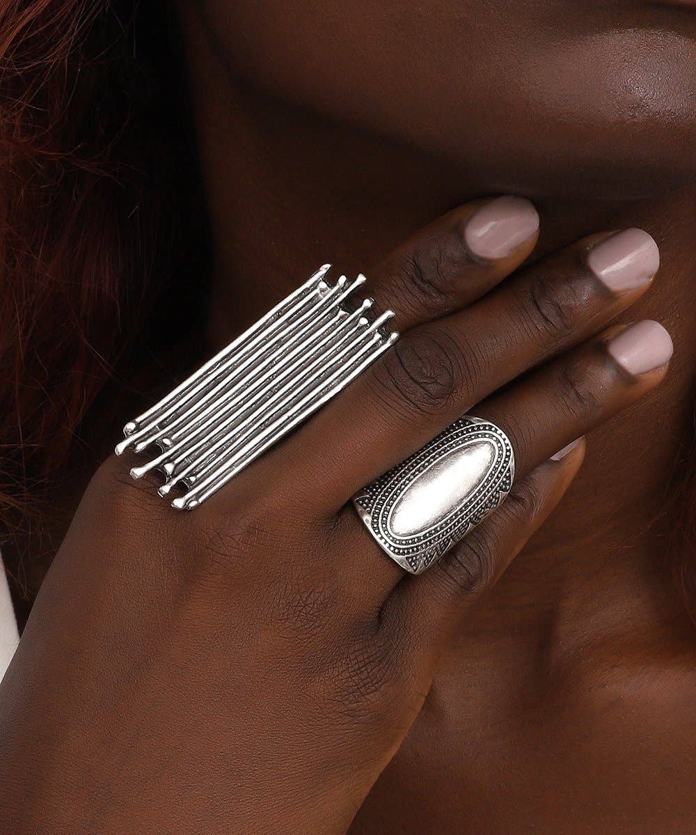 Antique Silver Bohemian Design Combined Ring Set: Silver / Brass
