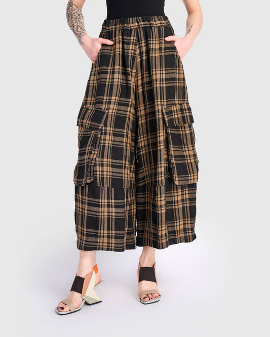 Linen Wide Cargo Pants, Brown/Black Plaid: Check / 2 (US 8-10)