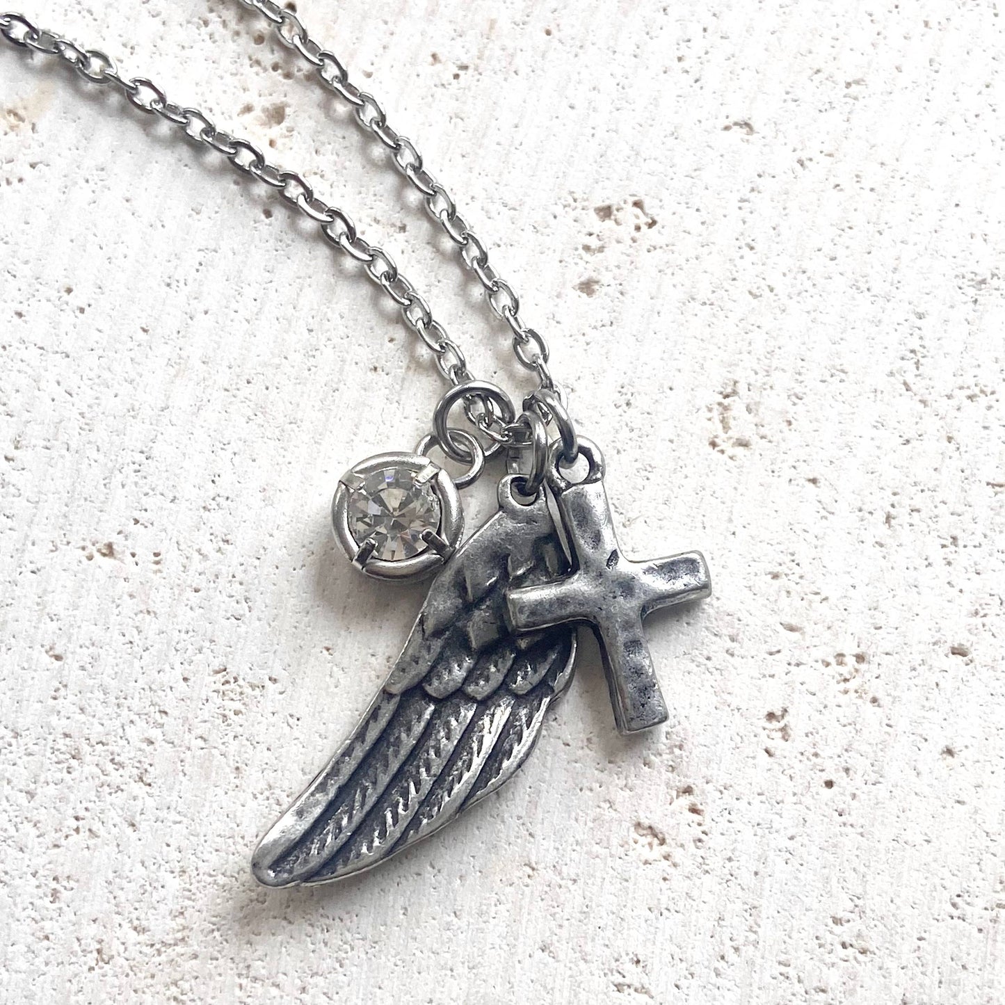 Angel wing cross crystal cluster necklace handmade jewelry : Gold