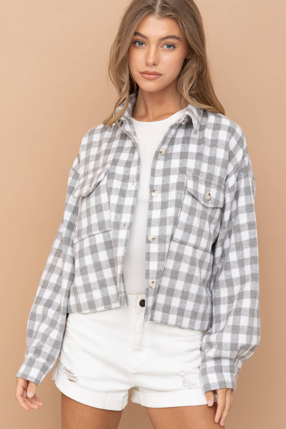 31857J - Yarn Dyed Brushed Crop Pocket Front Shirt Jacket: ROSE / L