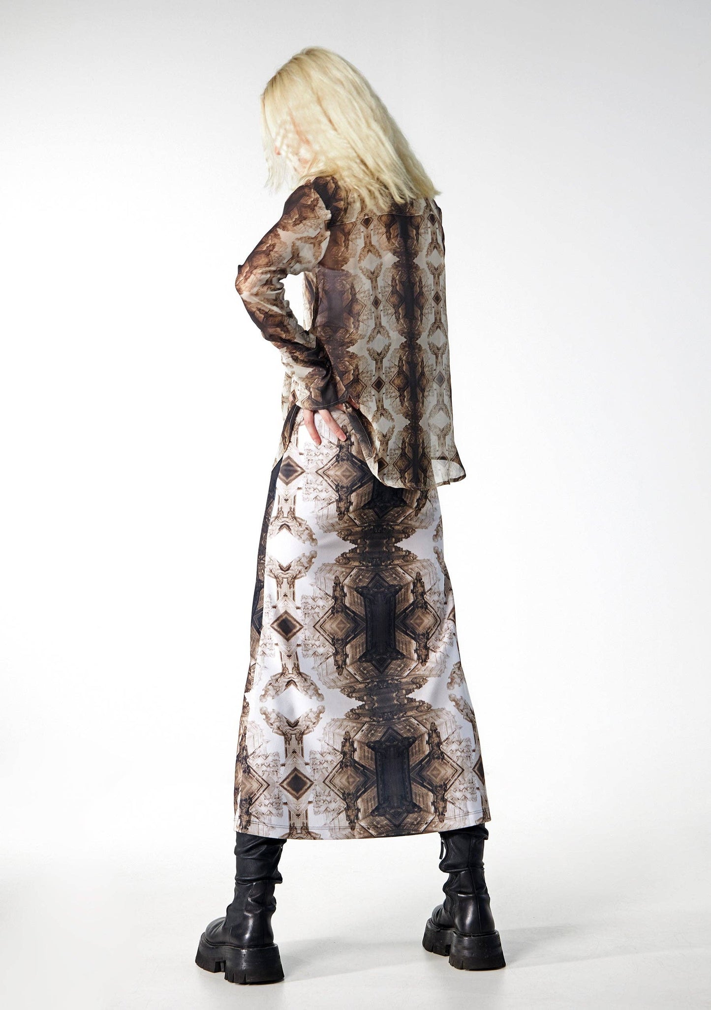 Babs Body-hugging Midi Skirt - Sepia Gargoyles Print Design: Sepia / X-Small / Gargoyles