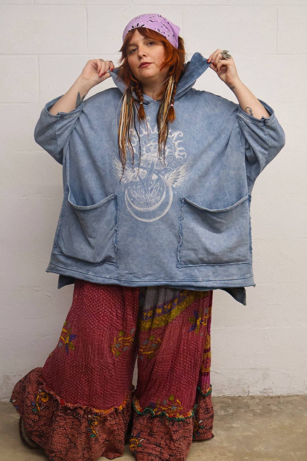 Kantha Bae Dream Pullover Hoodie - Washed Denim Boho Graphic: Default Title