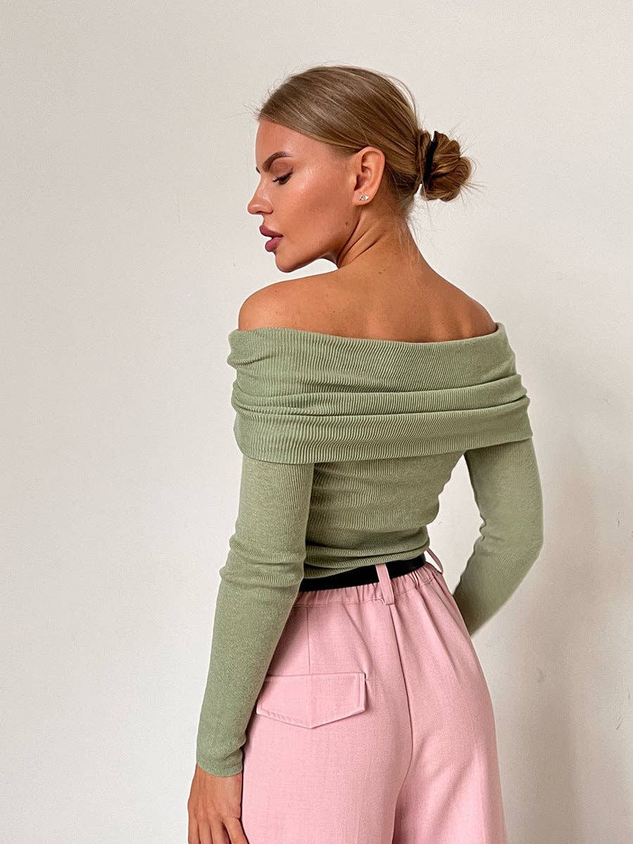 Off-Shoulder Knitted Top Slim Fit Solid Color Long Sleeve Pullover: Oatmeal / M