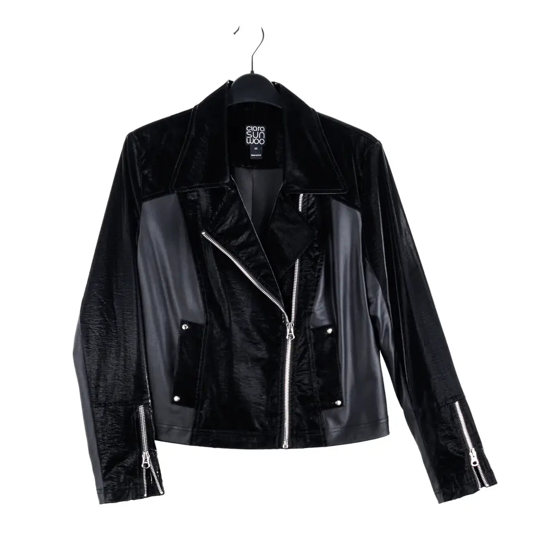 JK225H -Vinyl, Liquid Leather ™ Panel Zip Cuff Pocket Jacket: Black / M