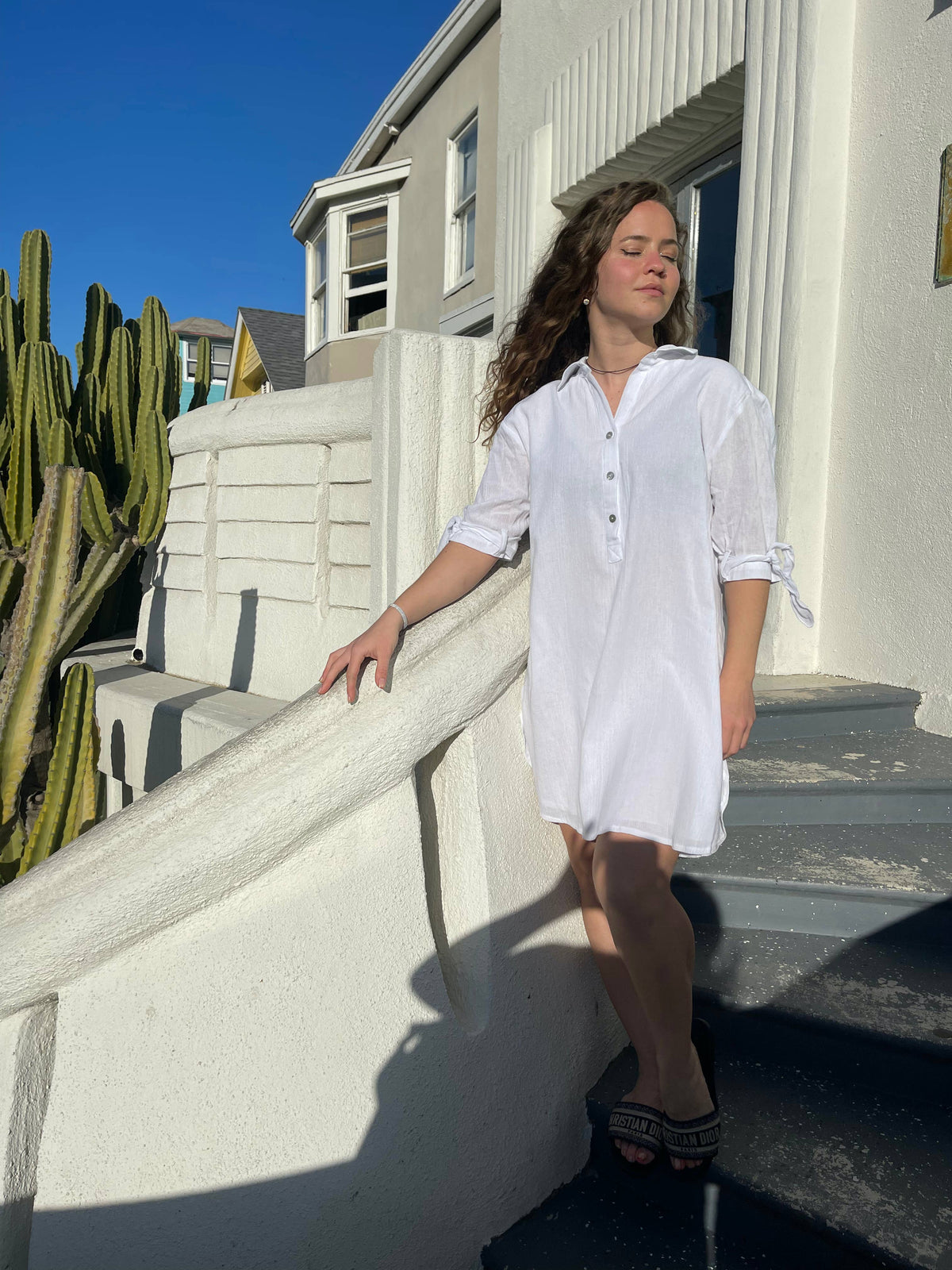 Sherv Mini Dress /  Cotton Tunic, Summer Dress, White Dress: SM