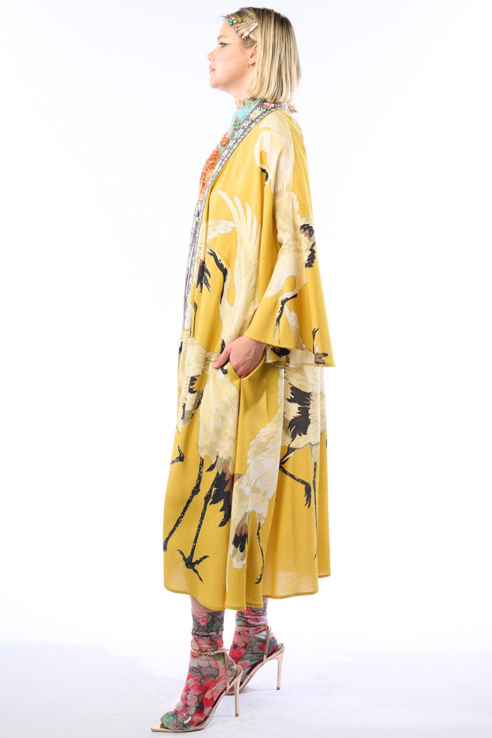 Story of the Crane Kimono - Mustard | Bohemian Coverup Robe: Mustard / One size