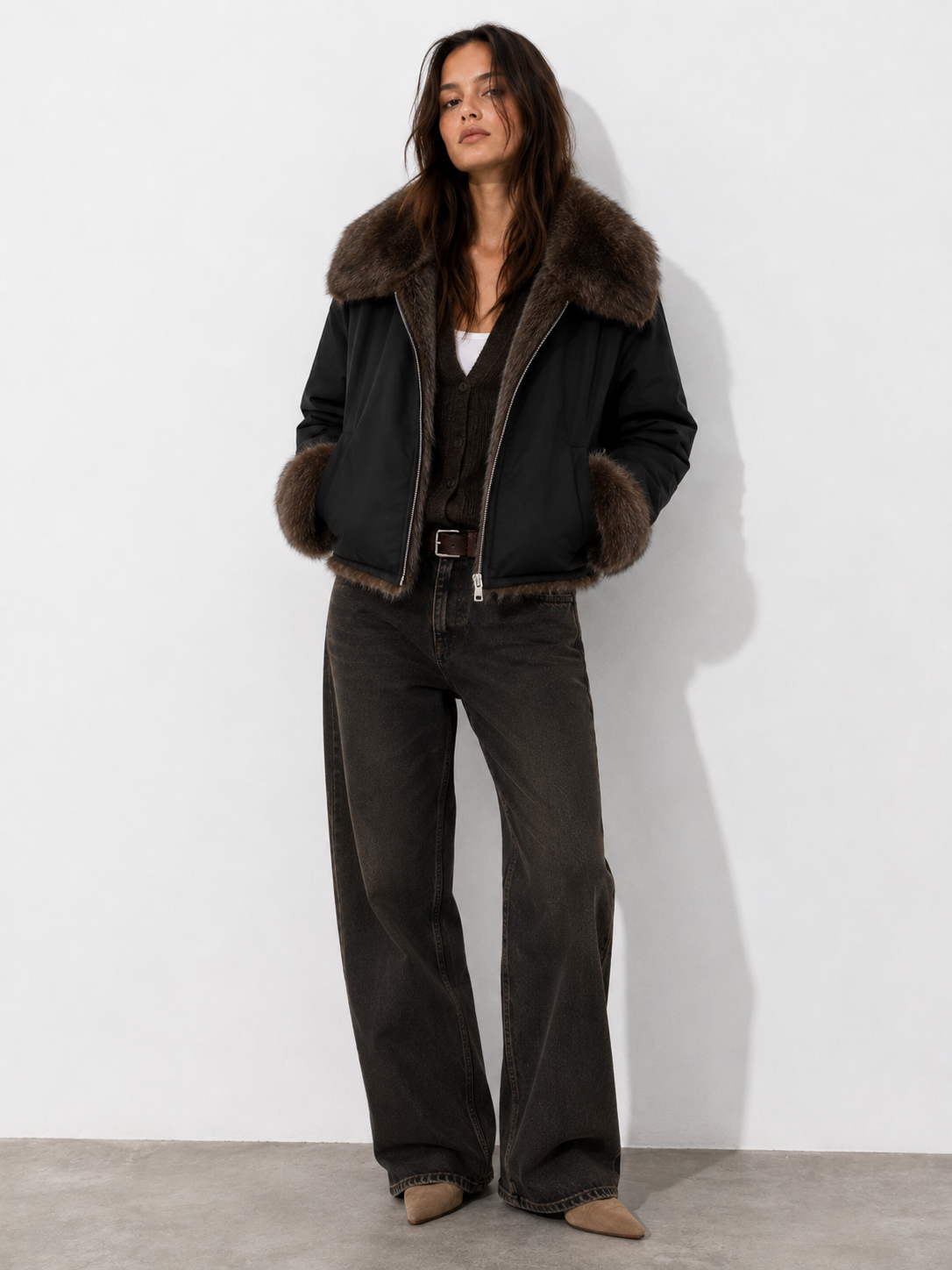 Dumbo Reversible Faux Fur & Leather Bomber Jacket Fur Jacket: Beige/Gray / L/XL