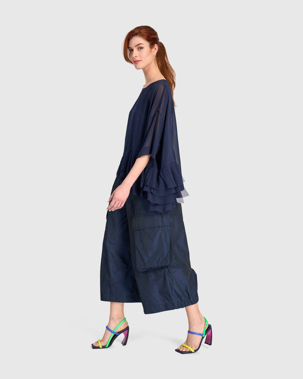 Veiled Chiffon Top, Ink: NAVY / M (US 12-14)