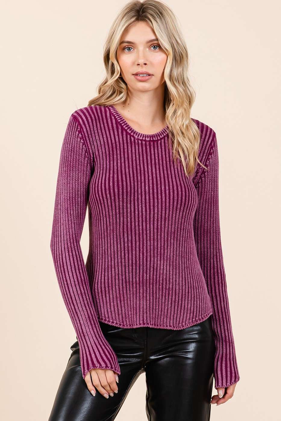 Mineral Wash Fitted Long Sleeve Rib Knit Sweater S20772
