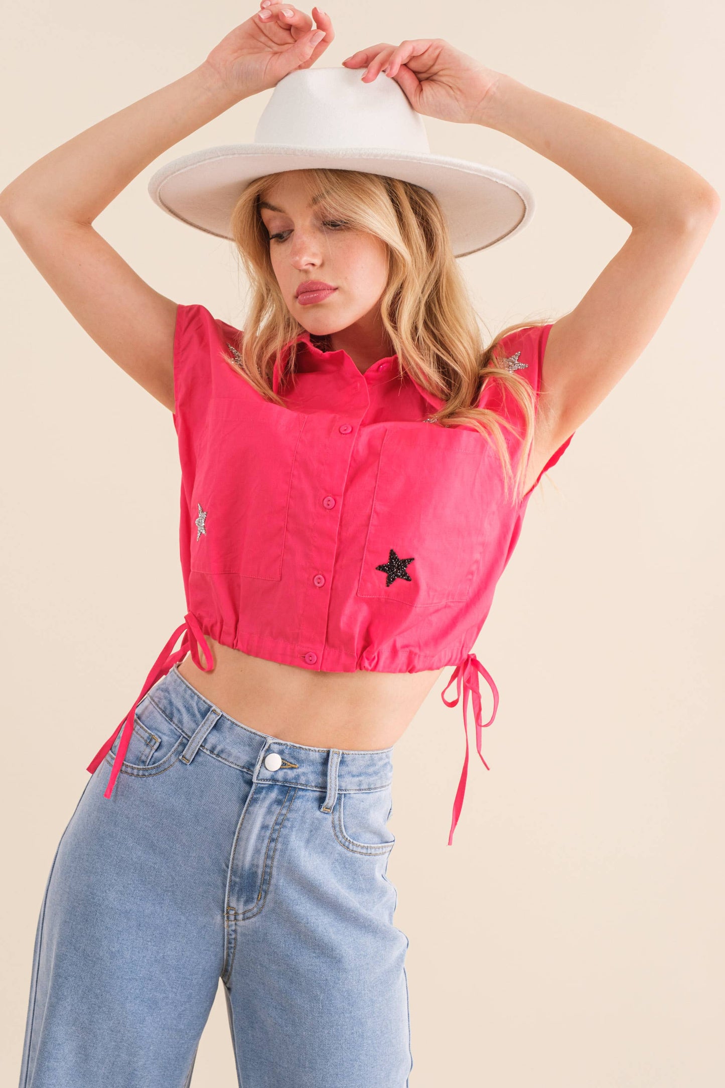32579T - Poplin Star Patch Sleeveless Shirt: WHITE / L