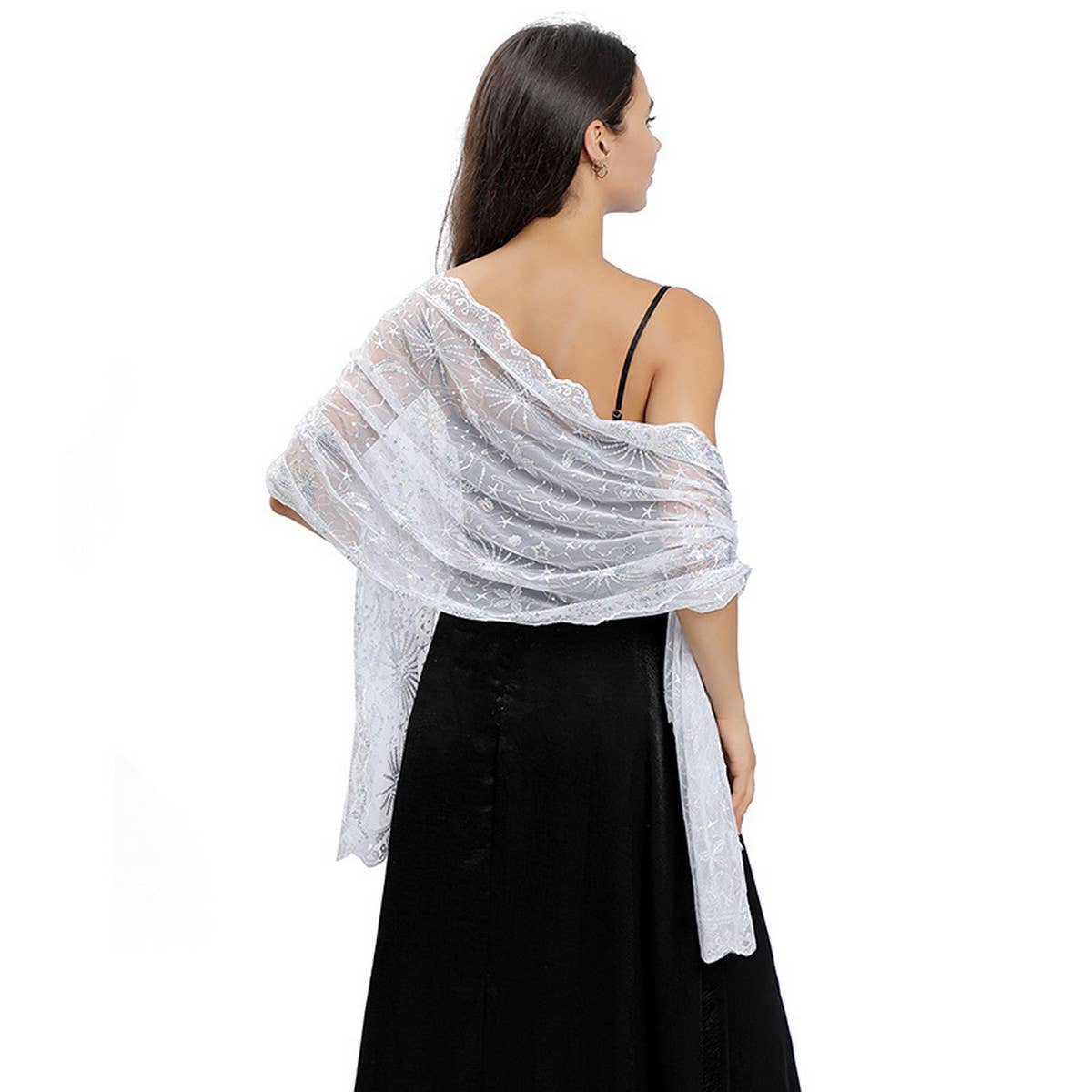 STARS AND MOON EMBROIDERED SHAWL_CWASC1079: BLACK2 / (OS) 1