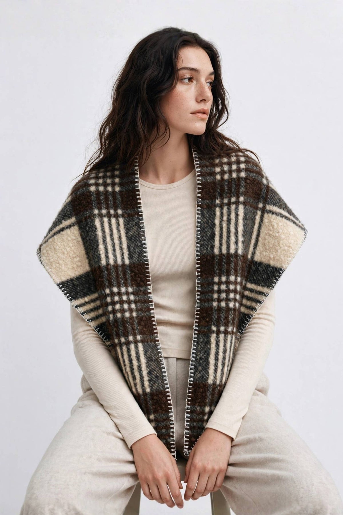 Sherpa Plaid Triangle Scarf: Black