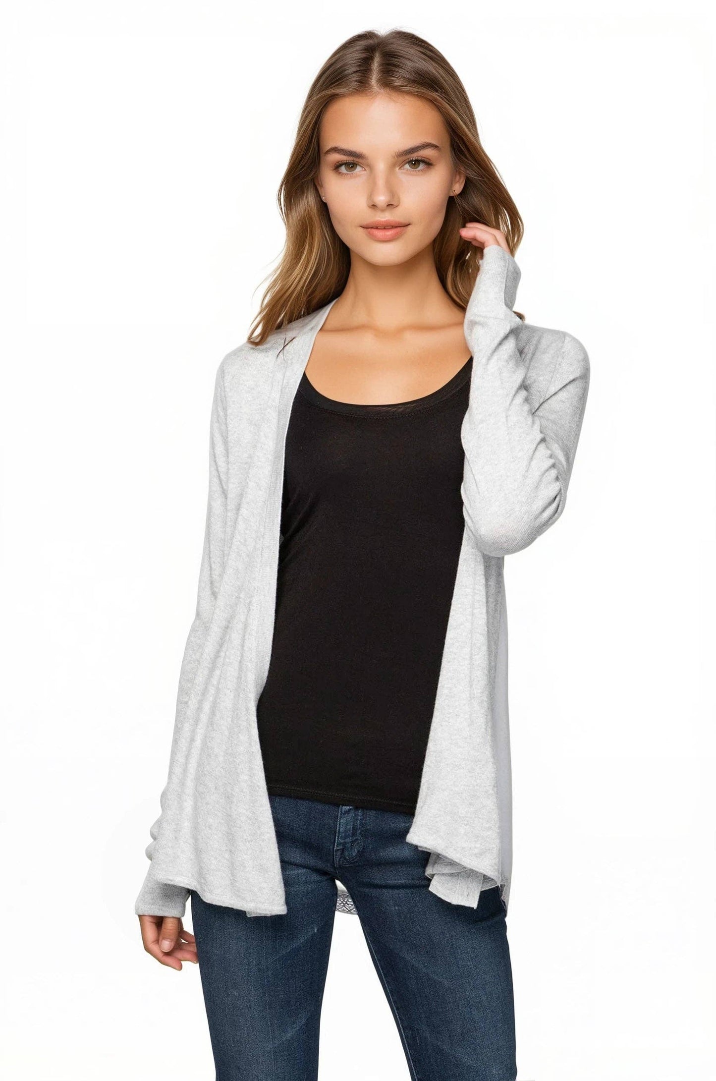 Effortless Silk Chiffon Panel Back Sweater Knit 2-Way Cardigan Wrap: Capri / S/M