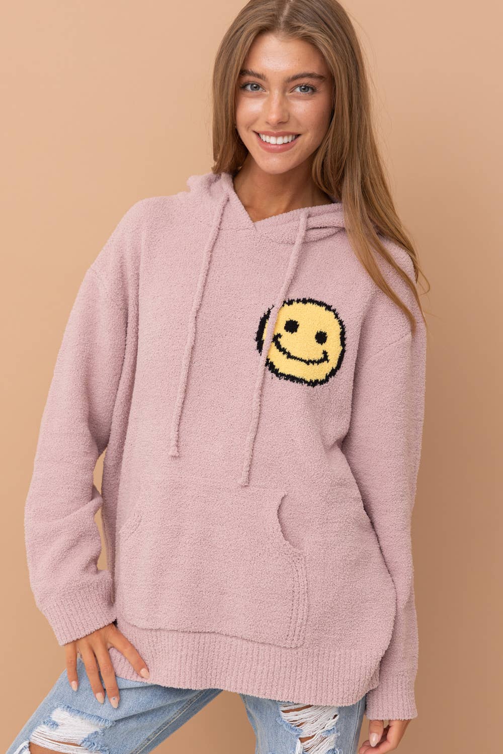 17376W - Fuzzy Cozy Hooded Smiley Sweater: DUSTY BLUE / S/M