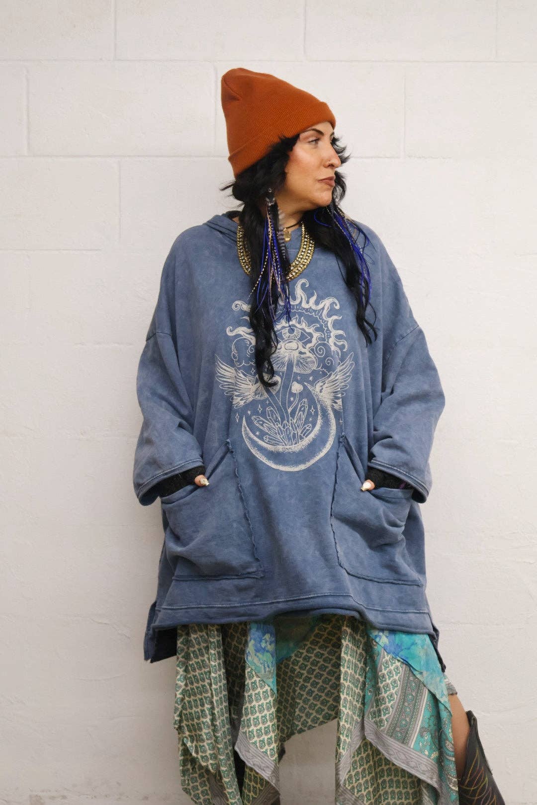 Kantha Bae Dream Pullover Hoodie - Washed Denim Boho Graphic: Default Title