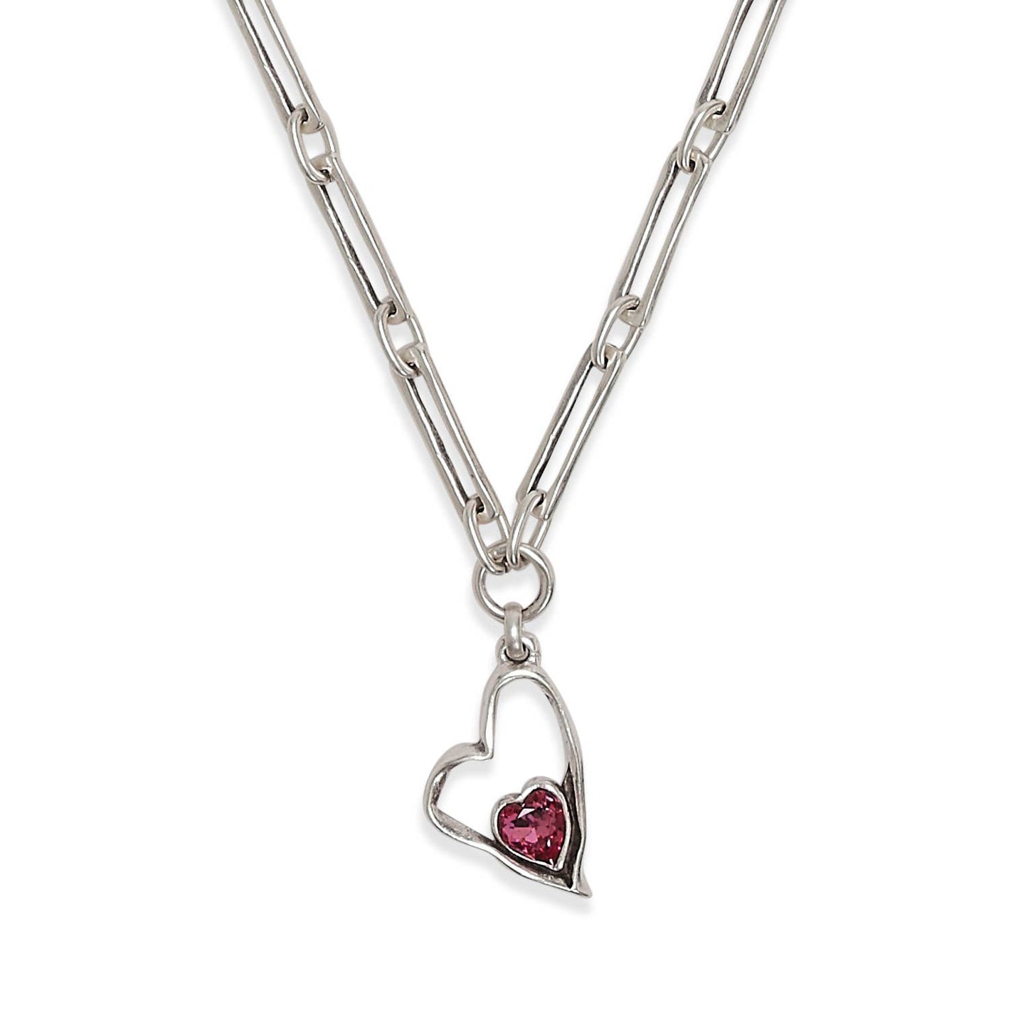 Handmade Pink Heart Crystal Pewter Necklace - 3892