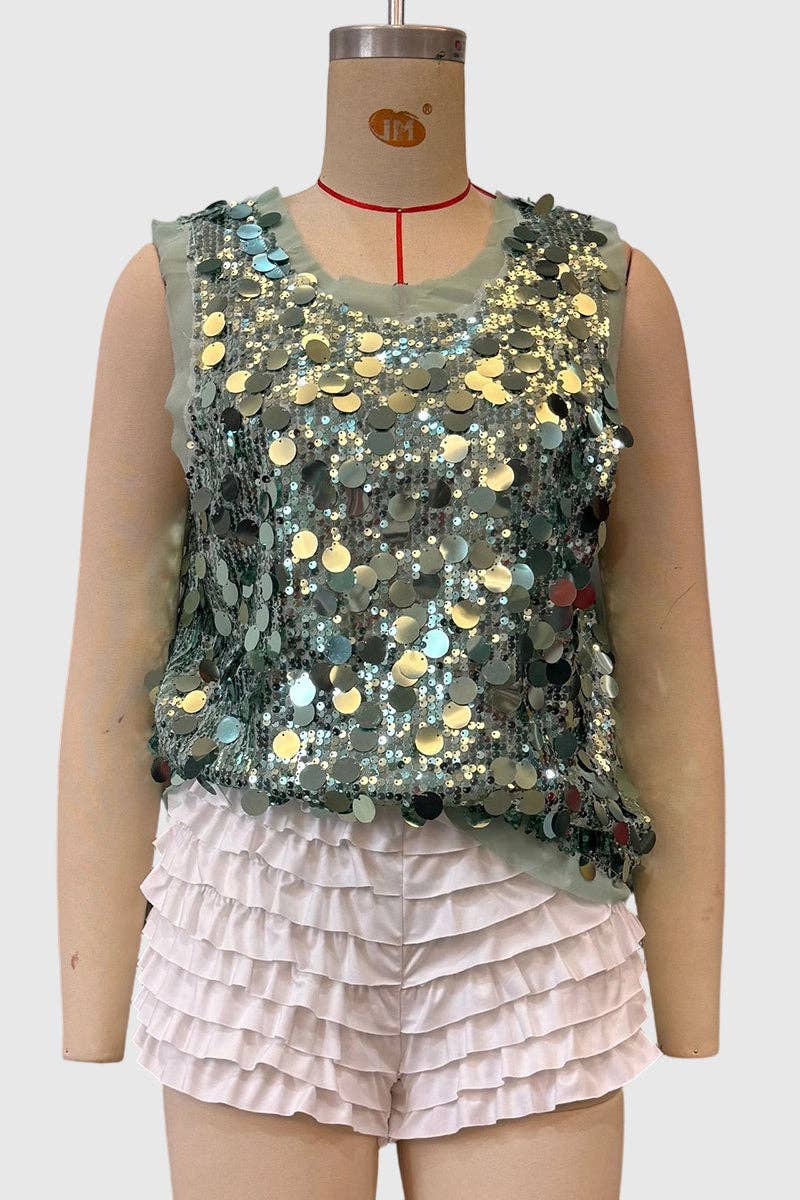 Sleeveless Sequin Tank Top: SILVER / M