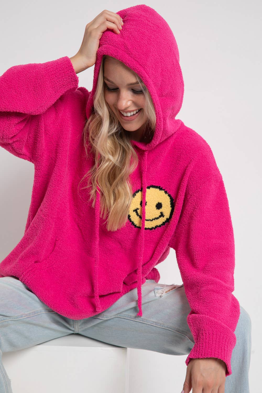 17376W - Fuzzy Cozy Hooded Smiley Sweater: DUSTY BLUE / S/M