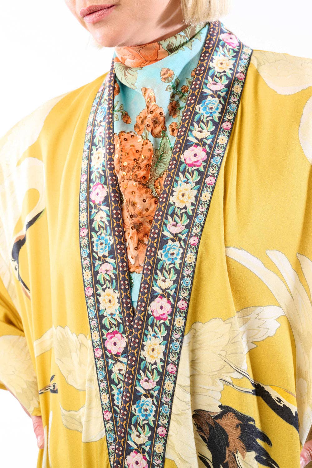 Story of the Crane Kimono - Mustard | Bohemian Coverup Robe: Mustard / One size