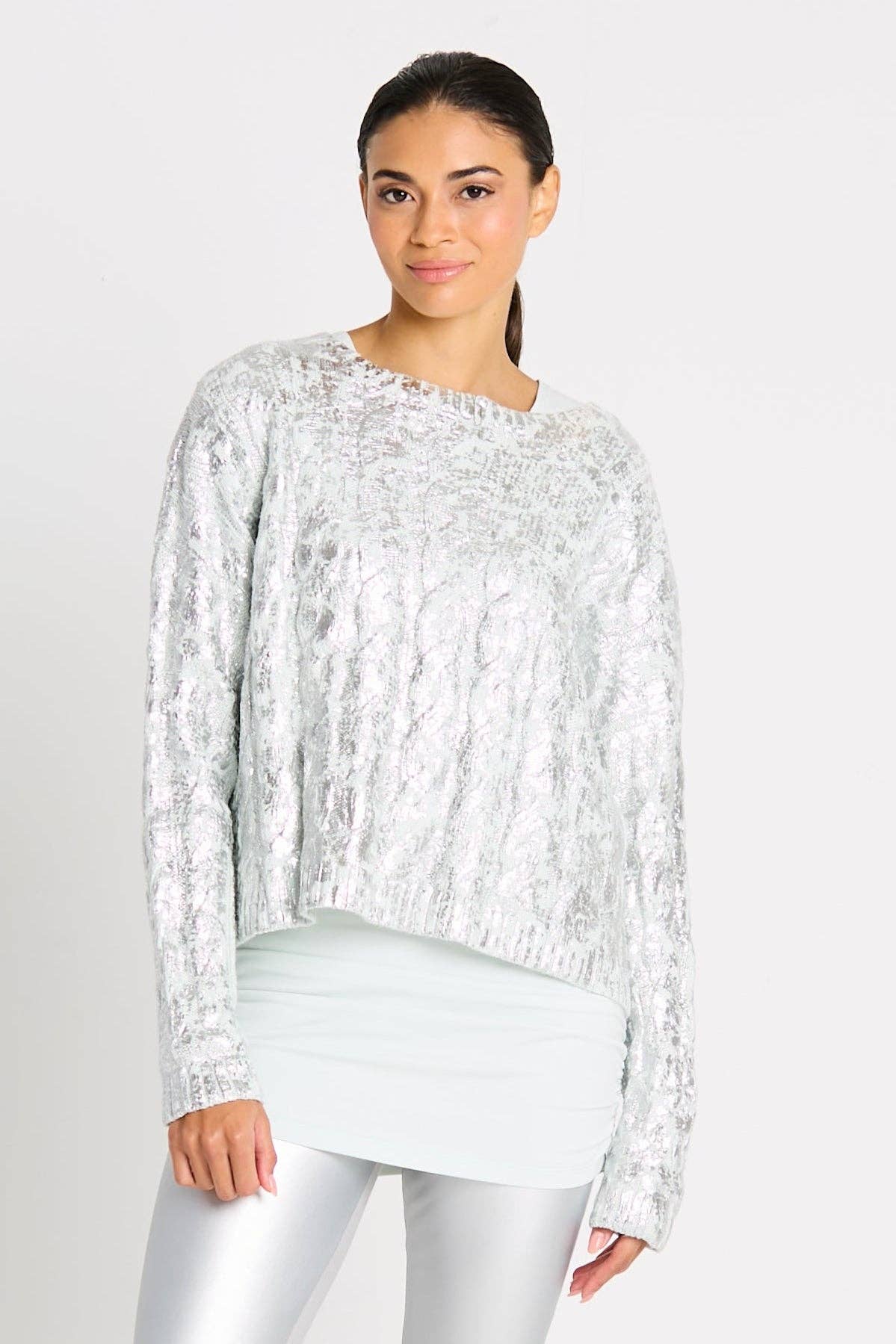 Pima Cotton Mini Foil Cable Crewneck Sweater - Mint/Silver