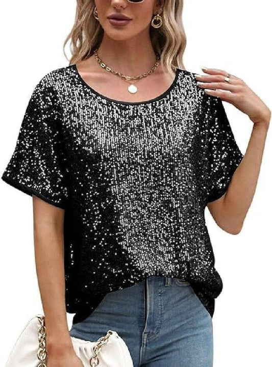 Sequin Deep V-Neck Short Sleeve Top: Black / L