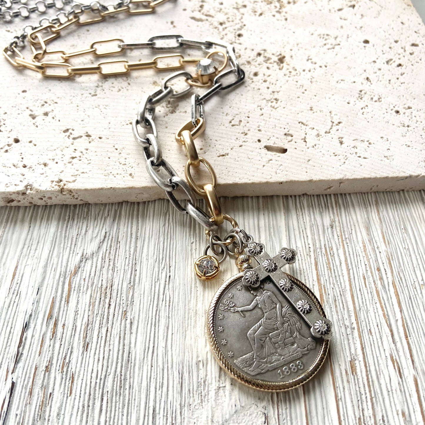 Coin necklace mixed metal jewelry vintage boutique jewelry