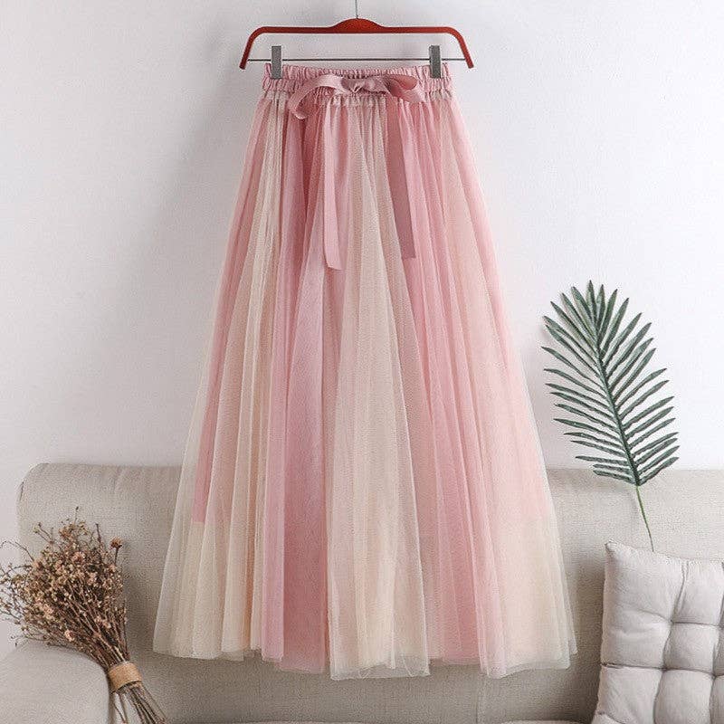 Color-Block Tulle Midi Puff Half Skirt: BLUE / One_size
