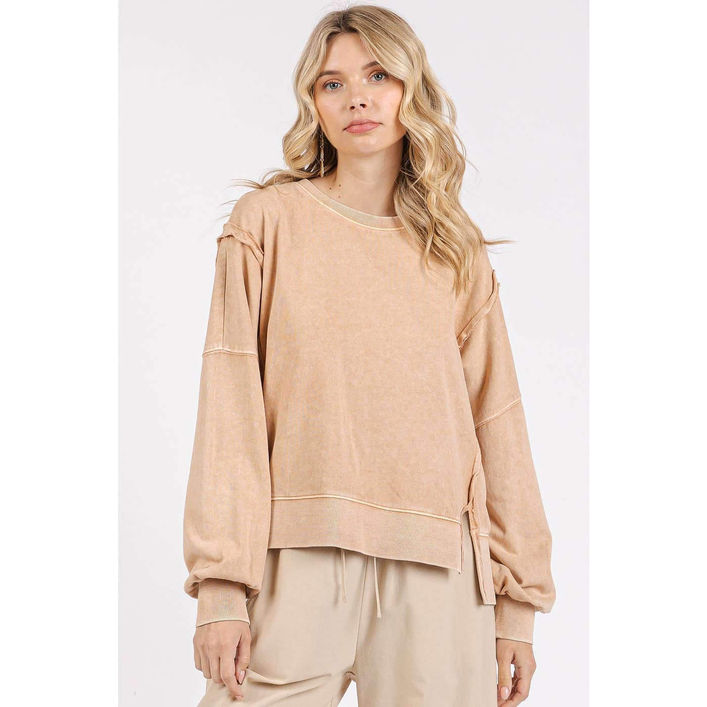 Mineral Wash Step Hem Crew Neck Long Sleeve Top S15459