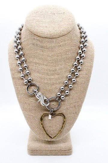 Brass Cutout Heart Convertible Silver Chain Necklace: Double 8mm