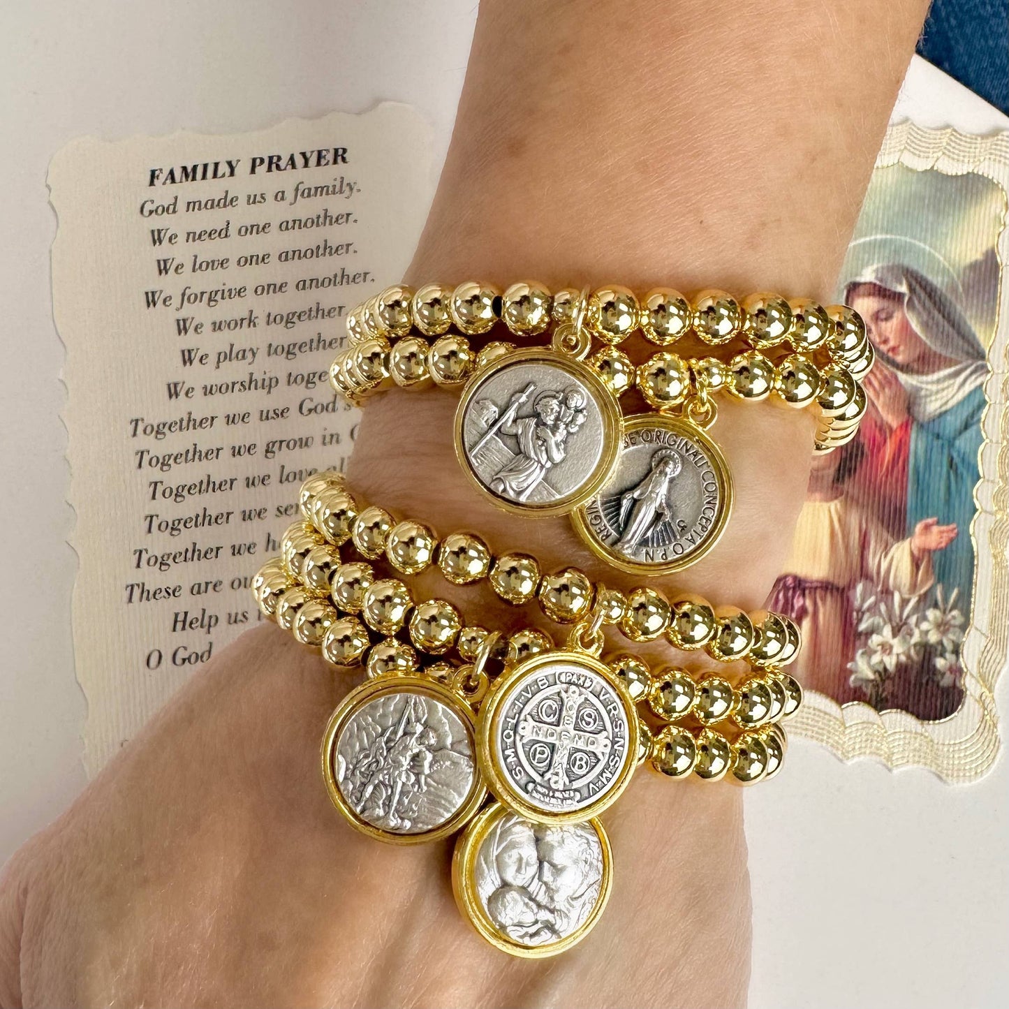 Catholic Medal Saint Stretch Bracelets  & Prayer Cards: Yellow Gold / St. Michael