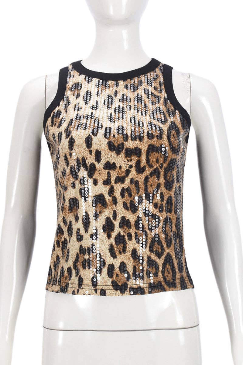 Leopard Print Sequin Tank Top: BEIGE / L