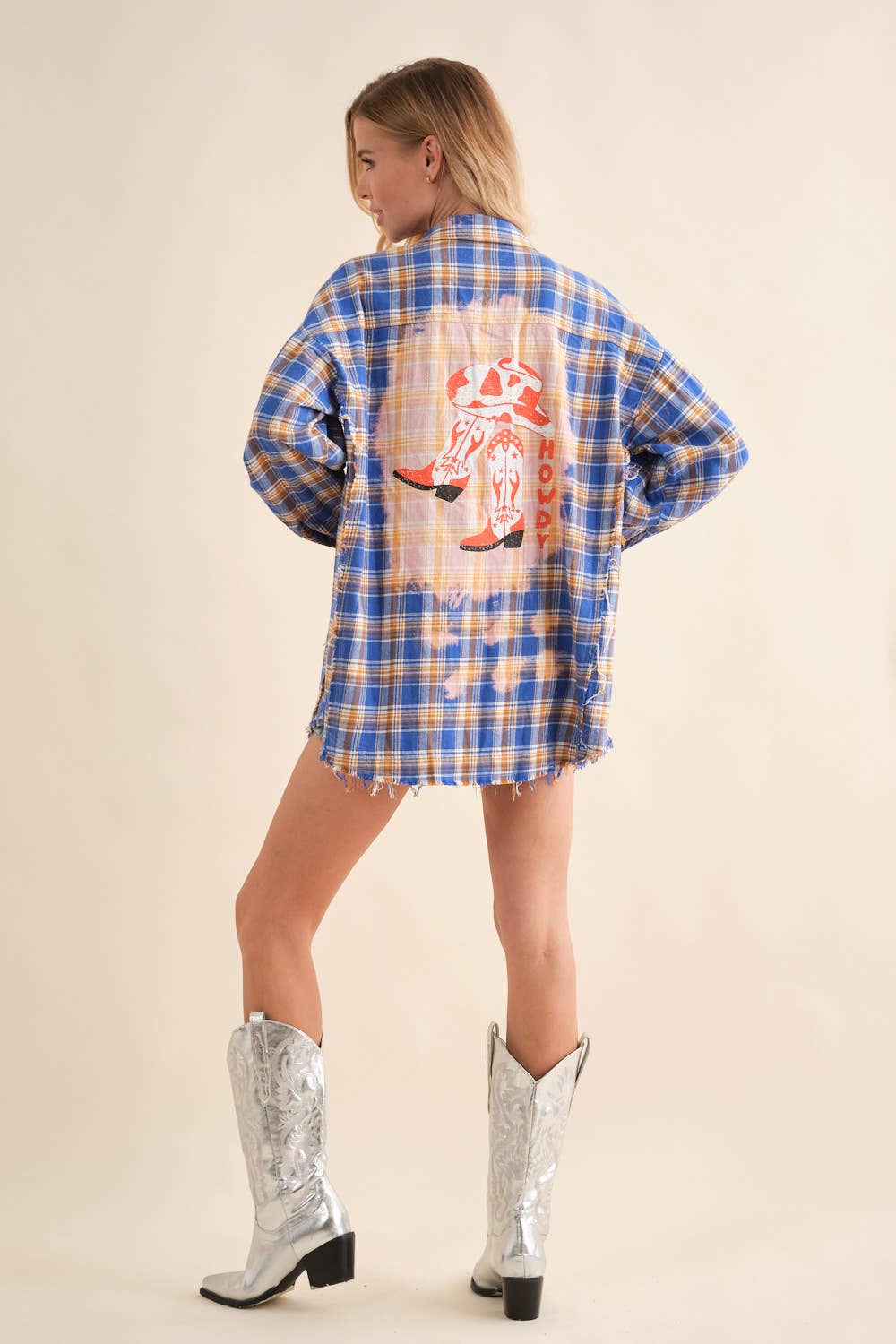 32481T - Cowboy Boots Graphic Back Plaid Oversized Shirt: GREEN / MEDIUM