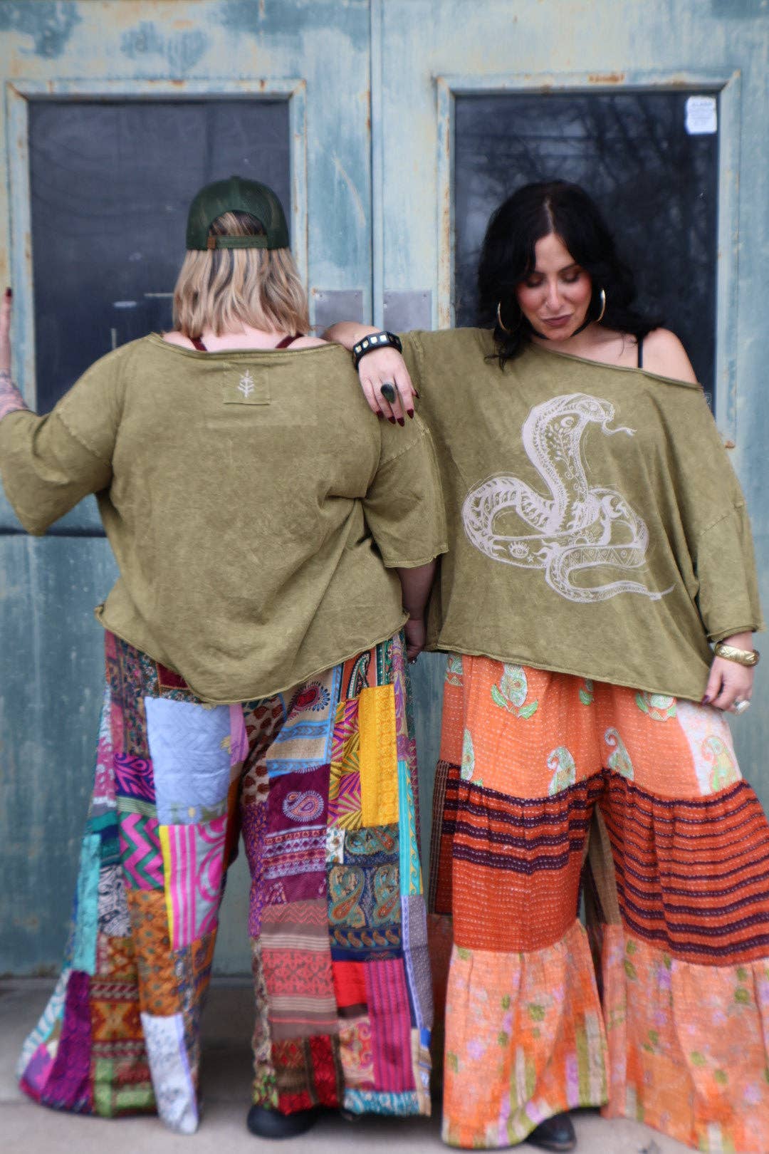 Kantha Bae Boxy Dream Tee - Olive - Snake Boho Graphic