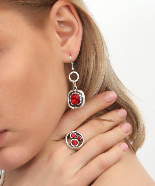 Red Crystal Stone Combined Ring Set: Silver / Brass