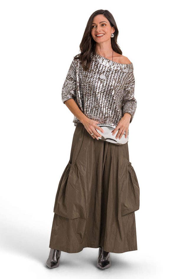 Cotton Metallic Crochet Boatneck Sweater - Turtle/Silver