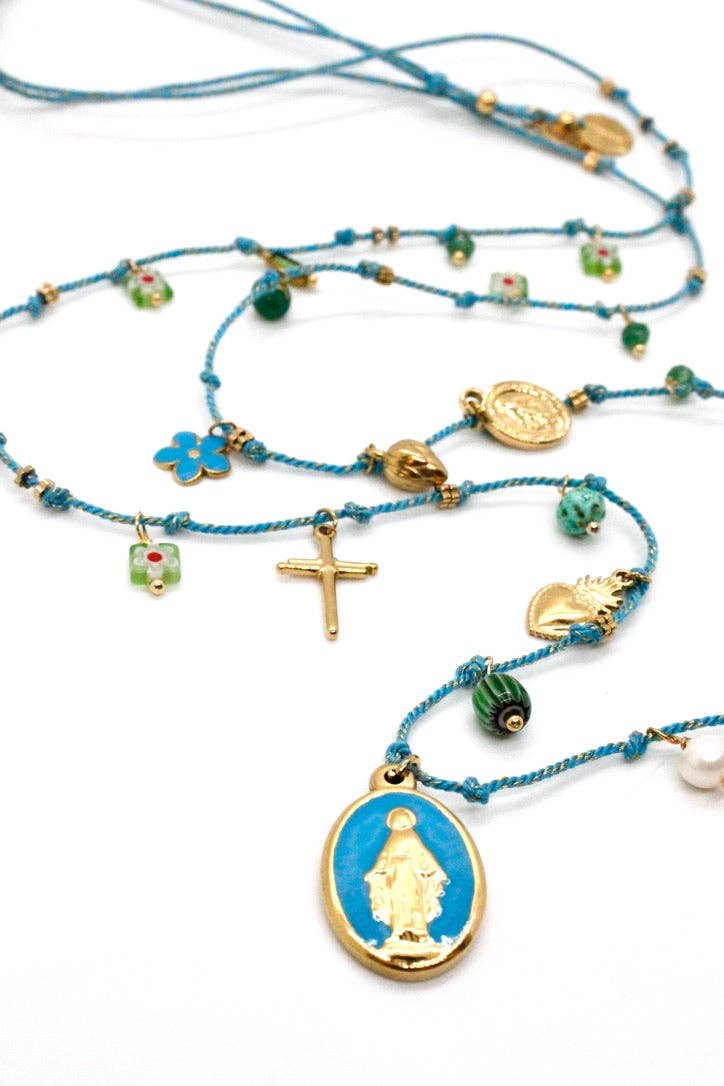 Long Religious Saint and Charm Necklace - N2-2619: Turquoise
