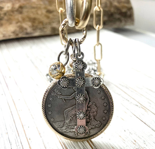 Coin necklace mixed metal jewelry vintage boutique jewelry