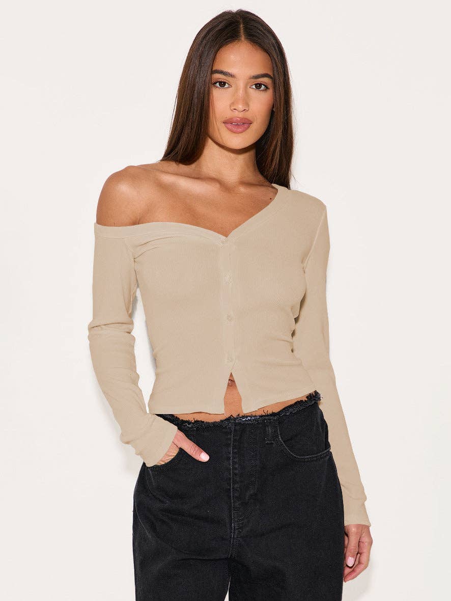 Asymmetrical Neck Long Sleeve Button Knit Cardigan T-Shirt: E25T1624-002 / M