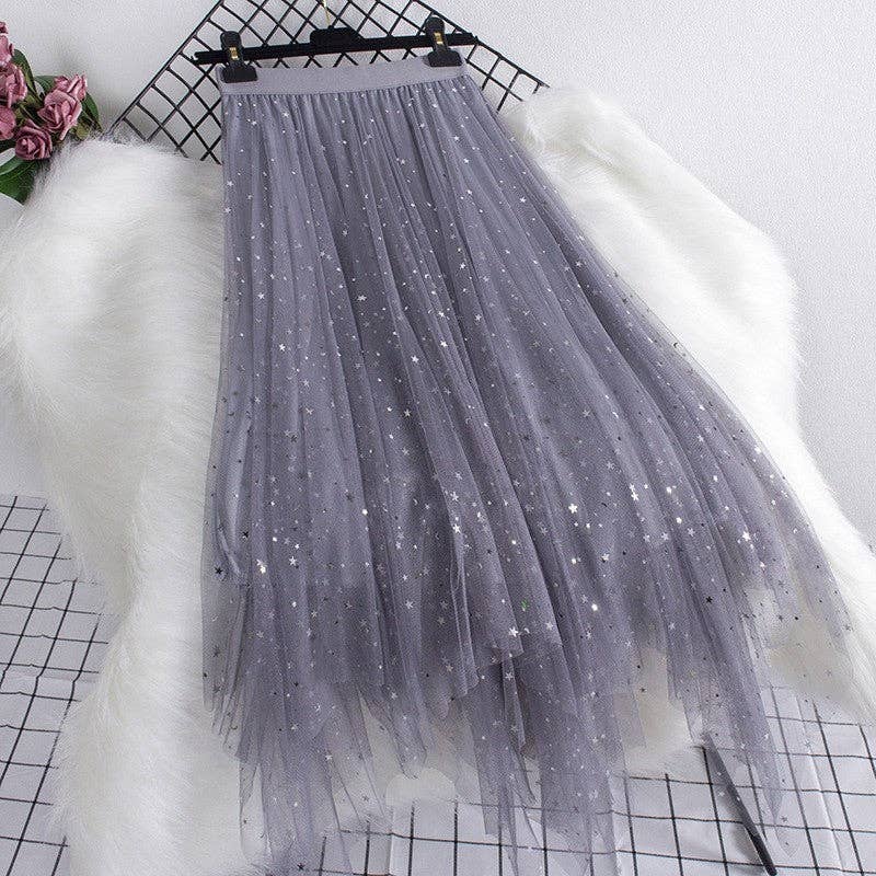 Glitter Mesh Irregular Tulle Skirt: CANDY PINK / One_size