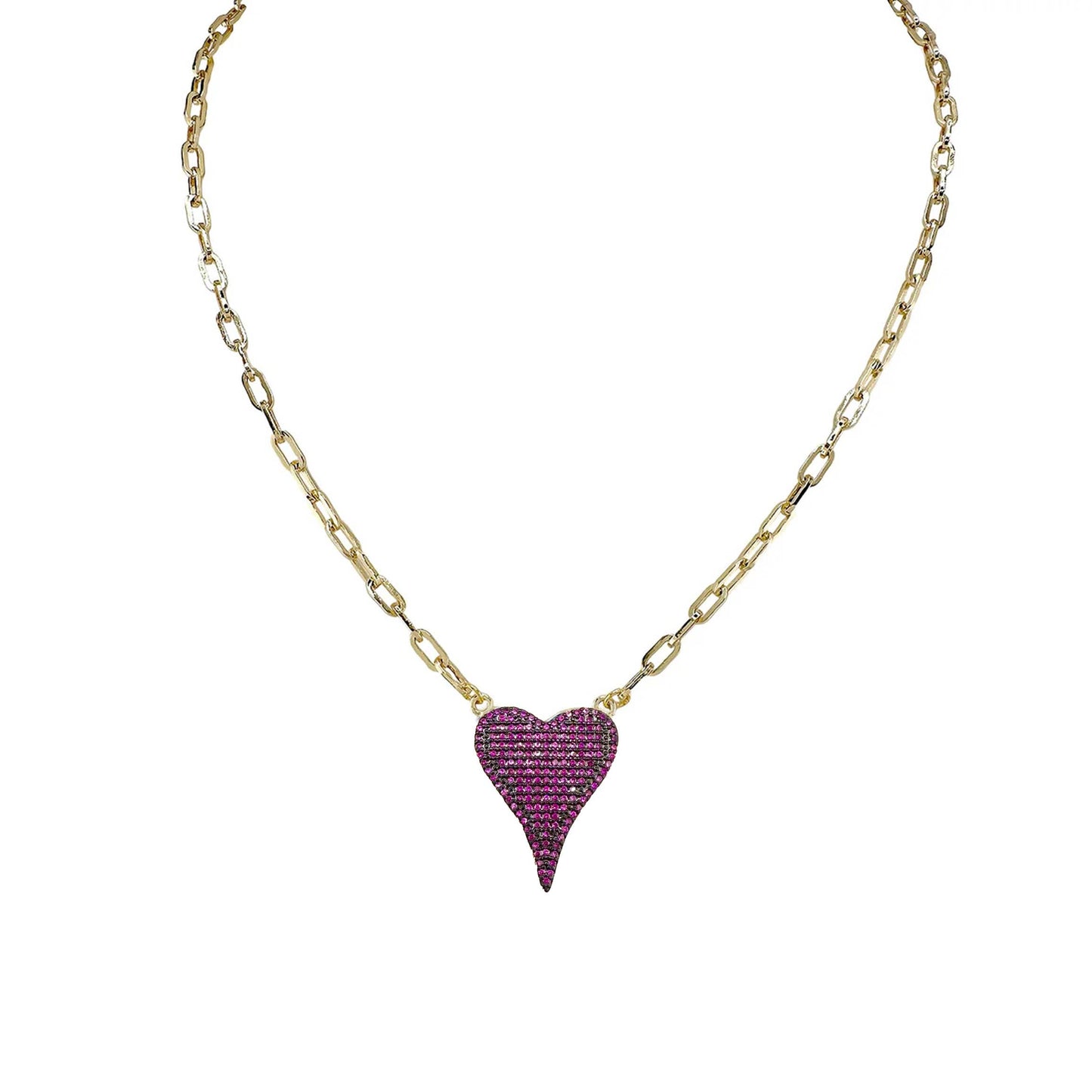 Aimee Paperclip Cubic Zirconia Heart Necklace : Green / 18"