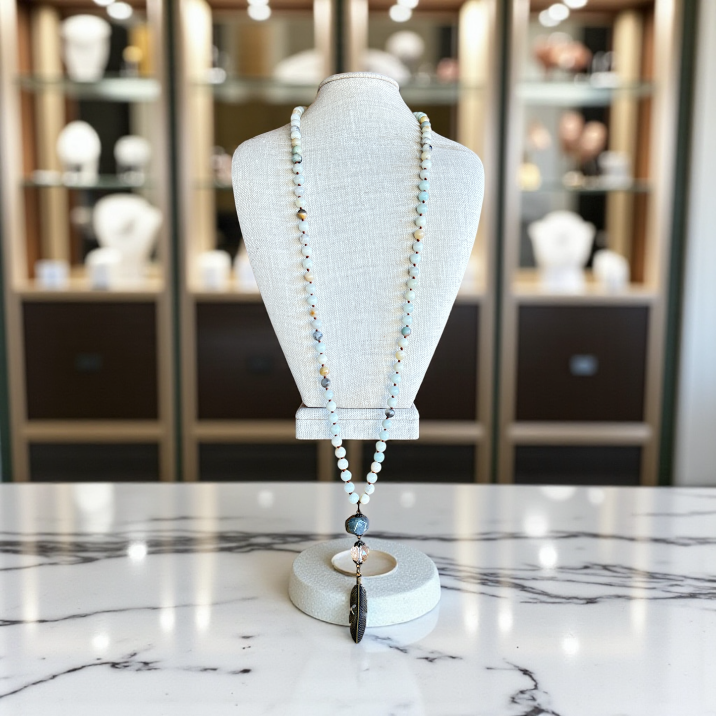 Amazonite Necklace with Grey & Feather Pendant