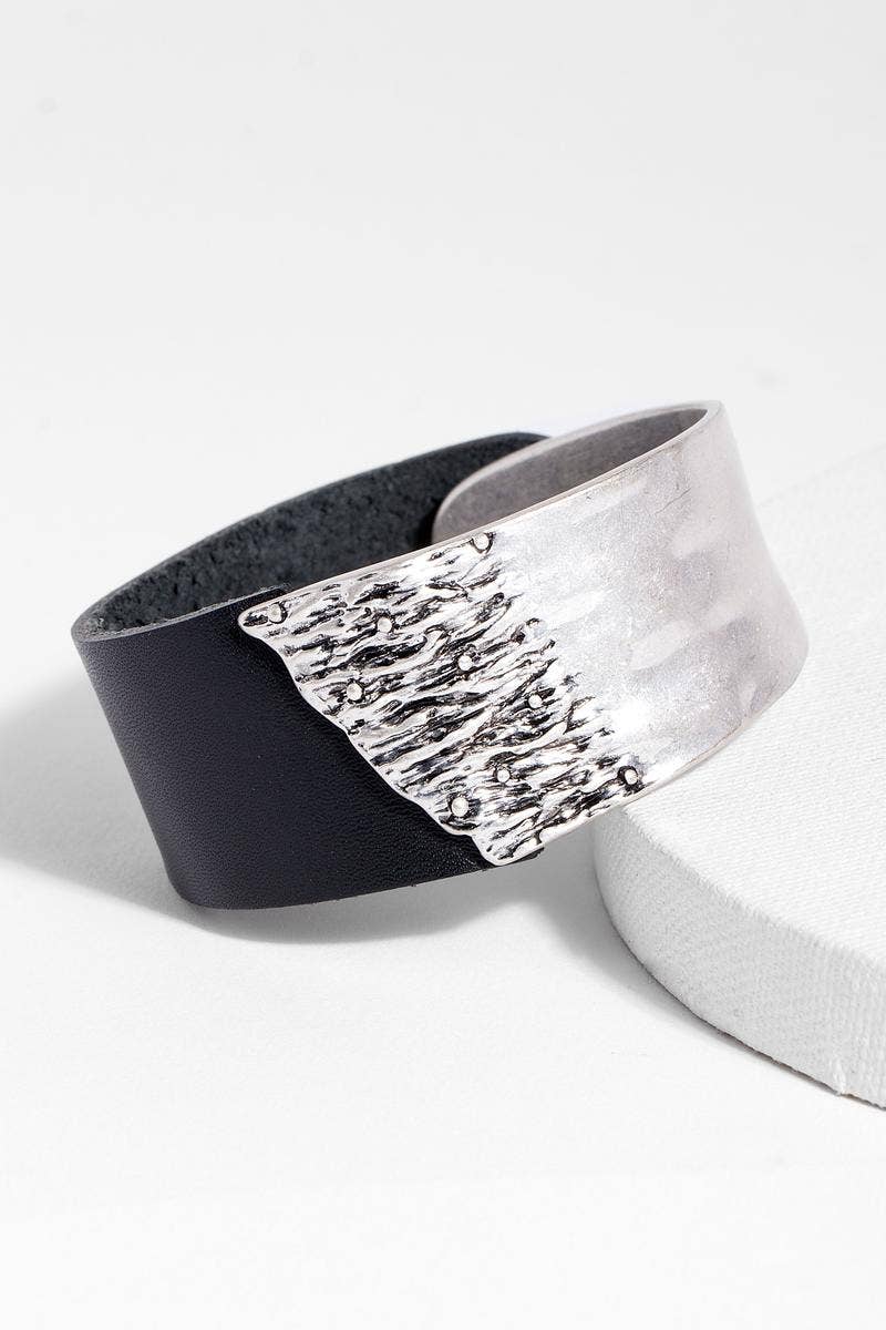 Leather Metal Statement Bracelet: Black gold