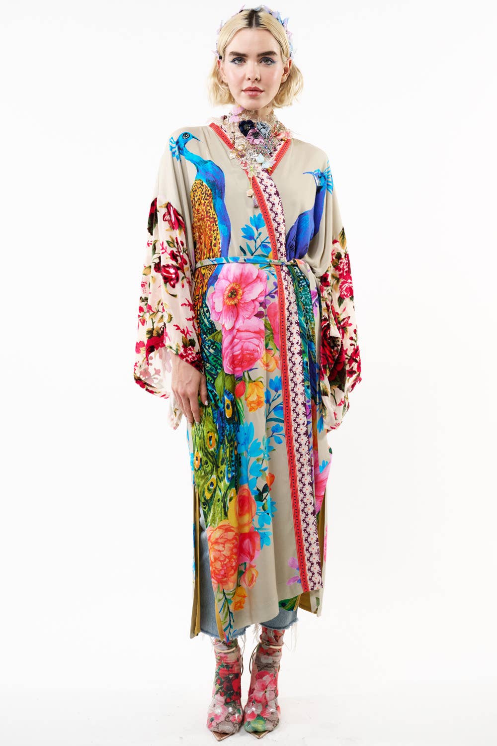 Fantasy Kimono - Beige |Peacock Mesh Sleeve Romantic Robe: Soft Moon / One Size
