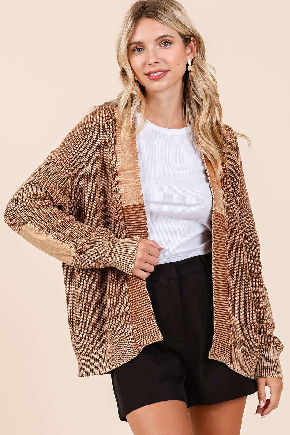 Mineral Wash Contrast Patch Open Front Cardigan S20805