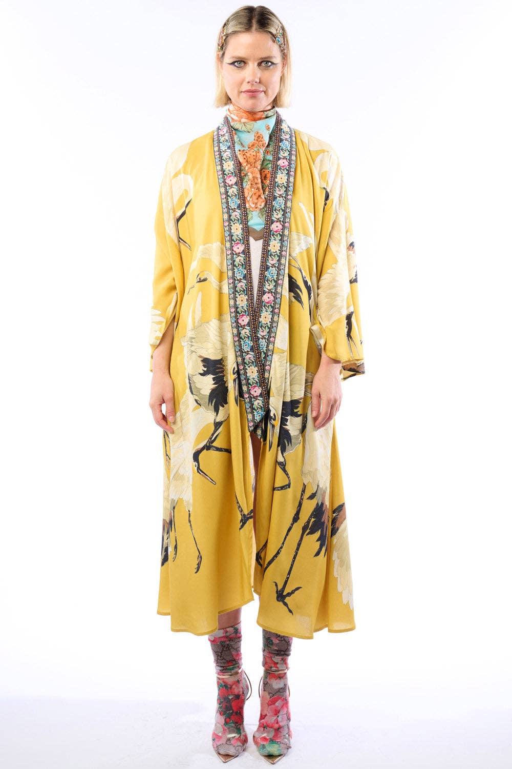 Story of the Crane Kimono - Mustard | Bohemian Coverup Robe: Mustard / One size